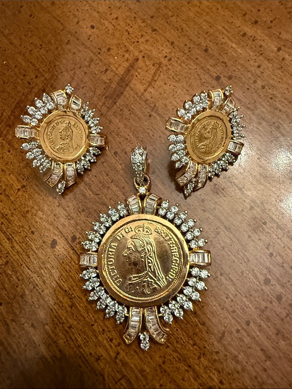 Gold Coin Medallion Pendant and Earrings Set - Gold Tone with Clear Stones